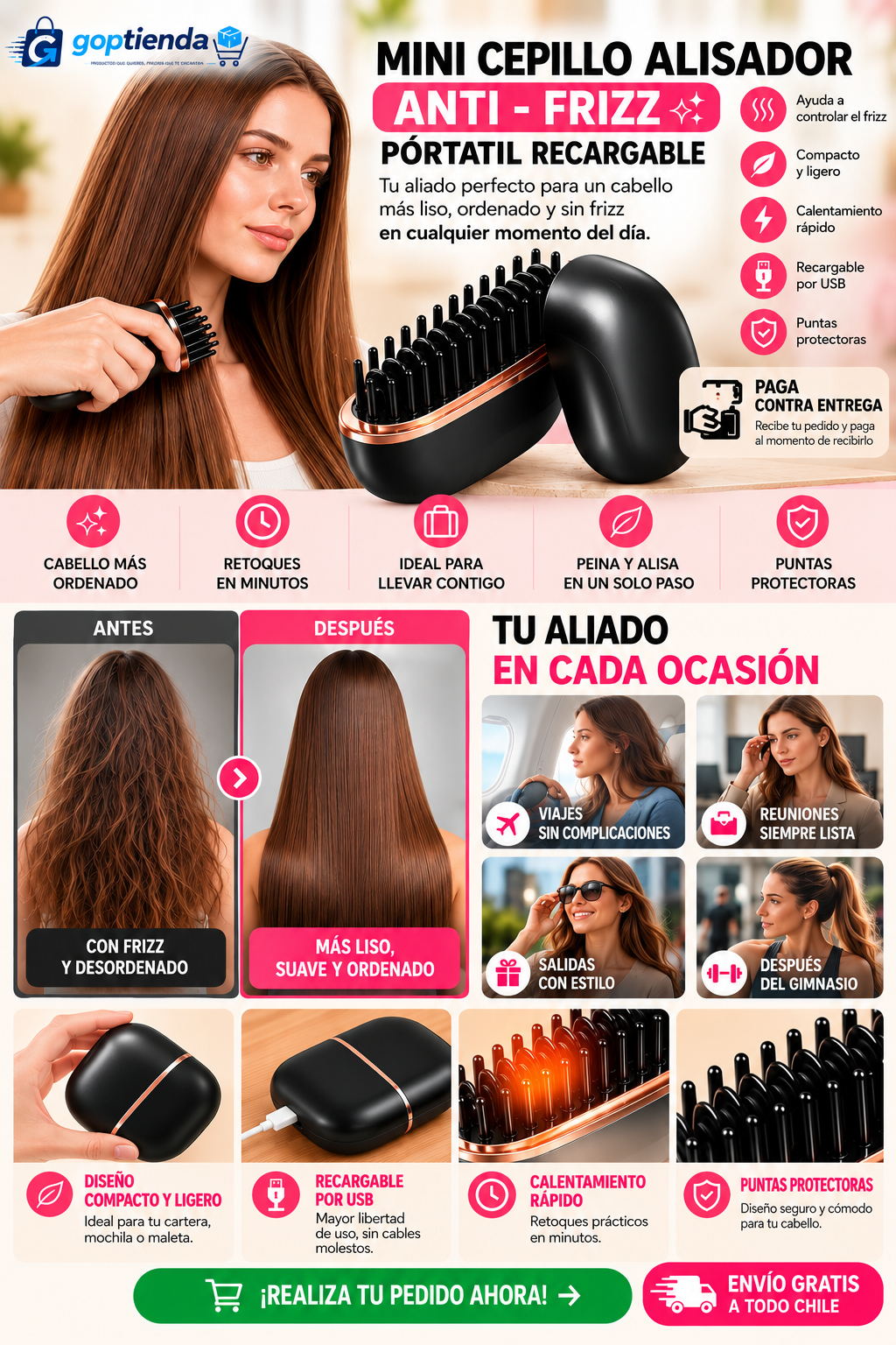 MINI CEPILLO ALISADOR ANTI-FRITZZ PÓRTATIL RECARGABLE